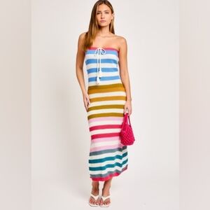 STRAPLESS MULTI STRIPE SWEATER MIDI DRESS